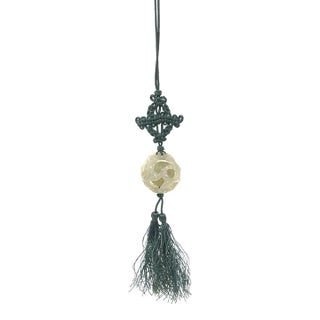 70s Boho Hand-Carved Tremolite Jade Pendant Necklace With Silk Knot & Tassel For Sale