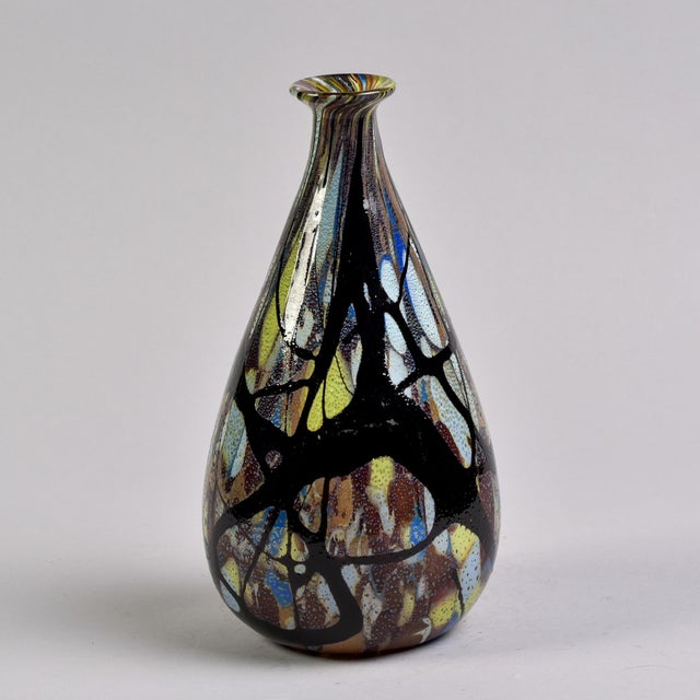 Mid-Century Modern Tall Vintage Signed + Orig Label Carlo Moretti Blue Black Gold White Murano Glass Vase For Sale - Image 3 of 12