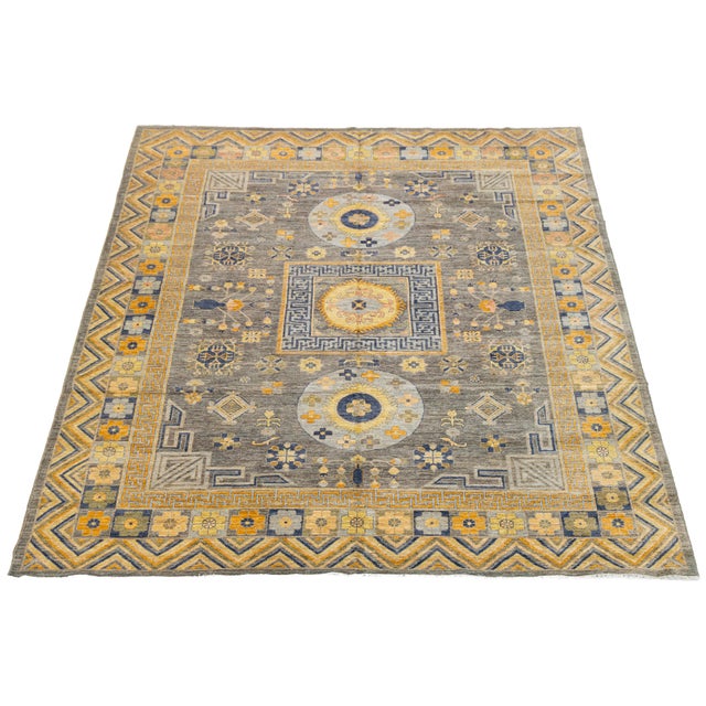 Modern Modern Khotan Style Handmade Wool Rug - Slate Grey & Ochre Geometric Design For Sale - Image 3 of 10