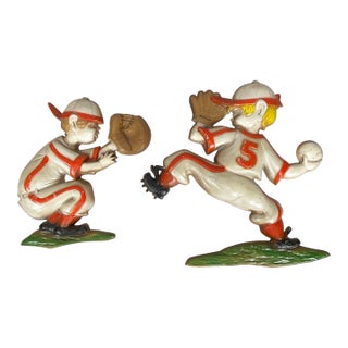 Vintage 1970s Sexton Painted Metal Baseball Pitcher & Catcher Kids Wall Plaque Usa- 2 Pieces For Sale