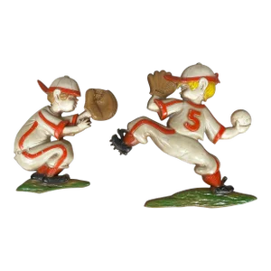 Vintage 1970s Sexton Painted Metal Baseball Pitcher & Catcher Kids Wall Plaque Usa- 2 Pieces