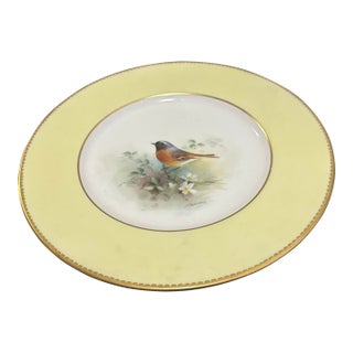 Royal Worcester Hand-Painted Bird Cabinet Plate With Yellow Border For Sale