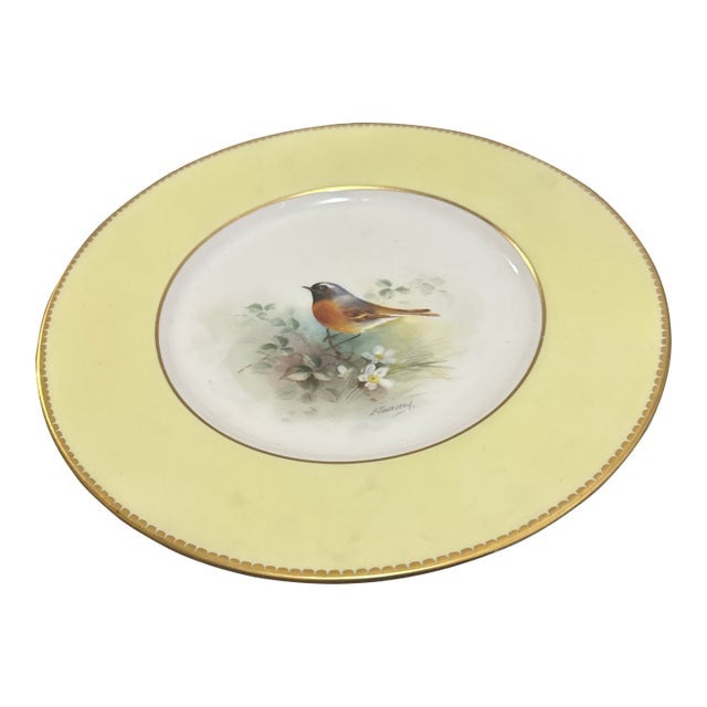 Royal Worcester Hand-Painted Bird Cabinet Plate With Yellow Border For Sale