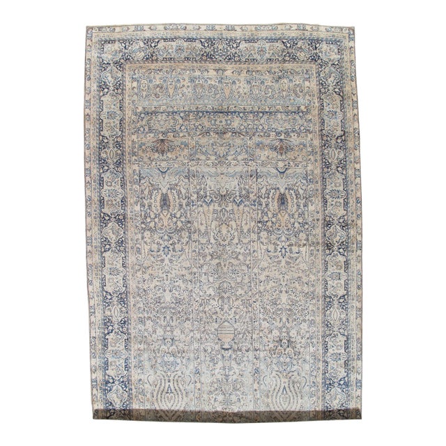 Antique Persian Lavar Kerman Oriental Carpet, Handmade Persian Rug, Ivory, Blue For Sale