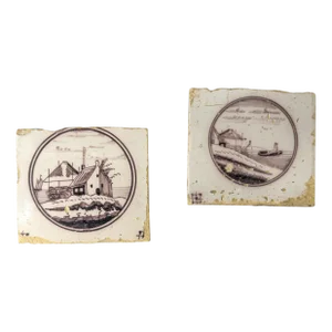 19th Century or Earlier Pair of Dutch Manganese Delft Decorative Tiles