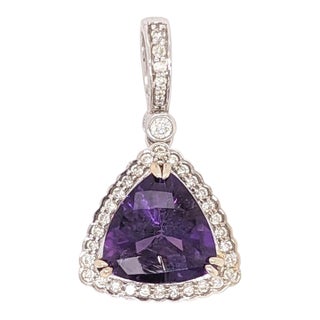 Amethyst Pendant With Natural Diamond Accents: Solid 14k Gold, Trillion 9mm For Sale
