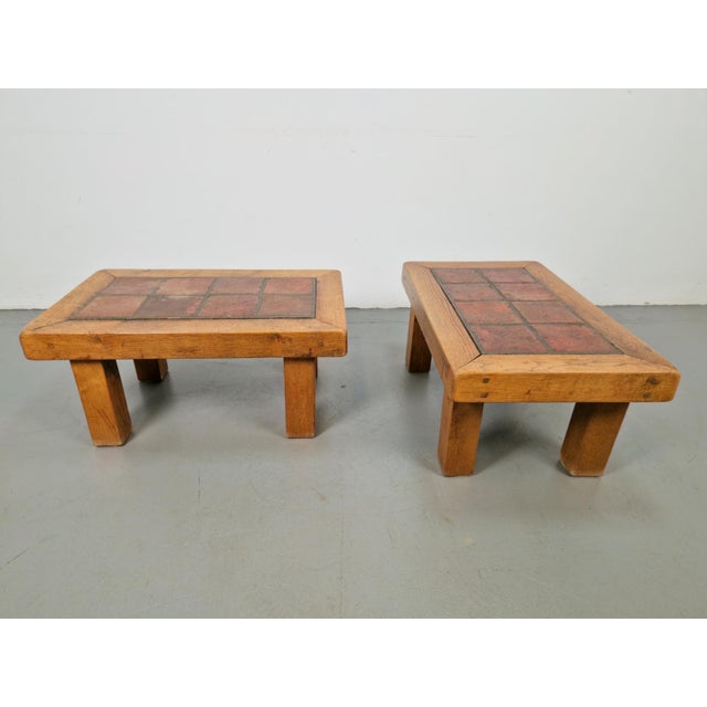 Roger Capron Brutalist Oak Side Table with Terracotta Tiles, 1950s, Set of 2 For Sale - Image 4 of 13