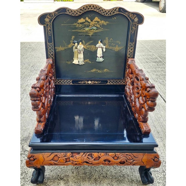 Chinese Hand-Carved Dragon Throne Armchairs Pair For Sale - Image 4 of 18