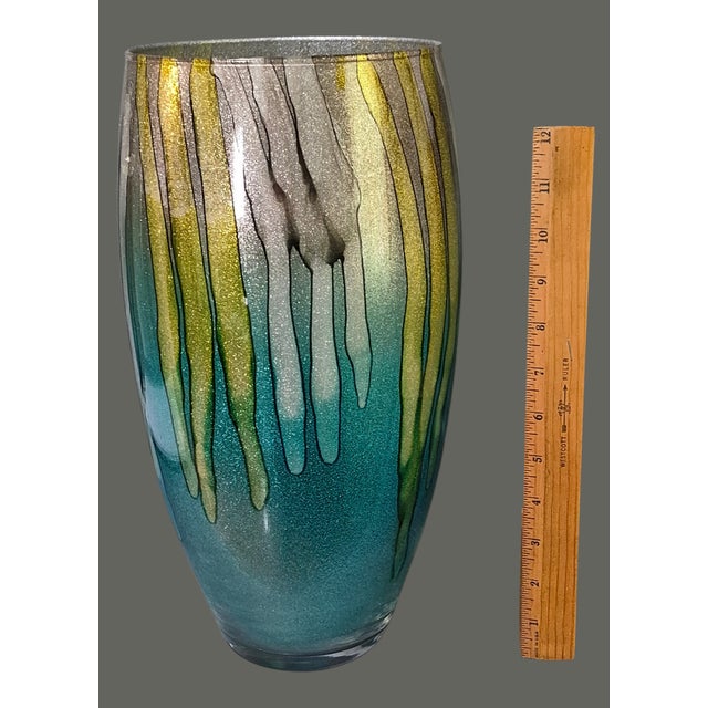 Modern Tall 14'' Italian Art Glass Alcohol Ink Painted Vase Teal Gold & Silver For Sale - Image 4 of 8