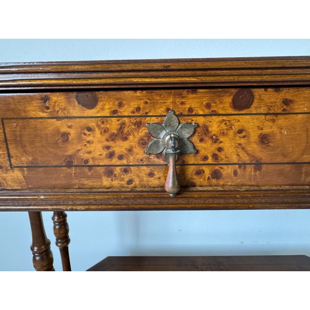 SOLDHollywood Regency Burl Walnut Small Console Table With Two Dovetailed Drawers & Lower Shelf For Sale - Image 4 of 12