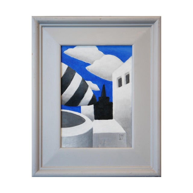Contemporary Scott Woodard "Puffy City Night Scape" Blue, White, Gray & Black Contemporary Surreal Painting, 2022 For Sale - Image 3 of 10