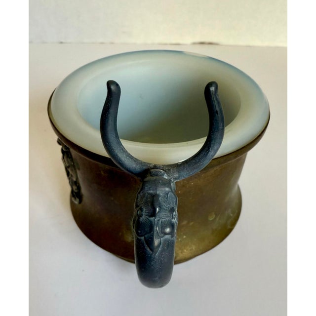 Antique Brass Shaving Mug With Milk Glass Liner & Silver-Toned Shield Cartouche For Sale - Image 4 of 11