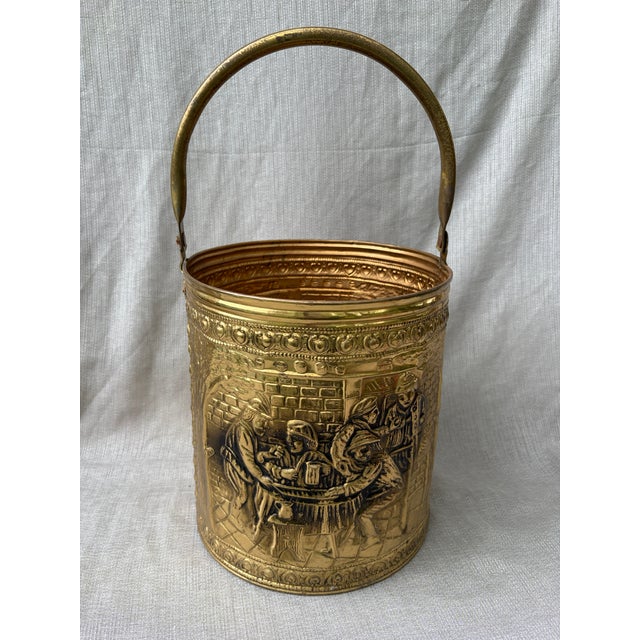 Vintage Raised Repousse Brass Fire Wood Bucket For Sale - Image 4 of 13