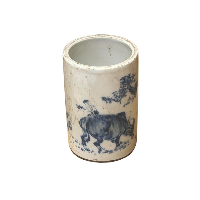 Chinese Distressed White Porcelain Blue Kids Cow Graphic Holder Vase For Sale - Image 4 of 10