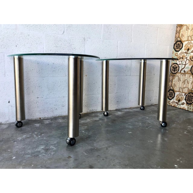 Contemporary Late 20th Century Kidney Shape Glass Side Tables With Casters (A Pair) For Sale - Image 3 of 13