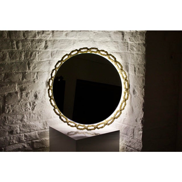 1970s Round Illuminated Mirror with Brass Loops, 1970s For Sale - Image 5 of 11