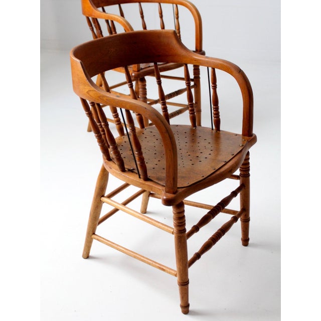 Antique Wood Captain's Chairs Set 3 For Sale - Image 9 of 15