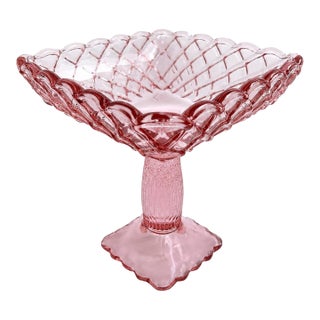 Vintage l.e. Smith Pink “Rose & Trellis” Glass Pedestal Candy Dish / Compote For Sale