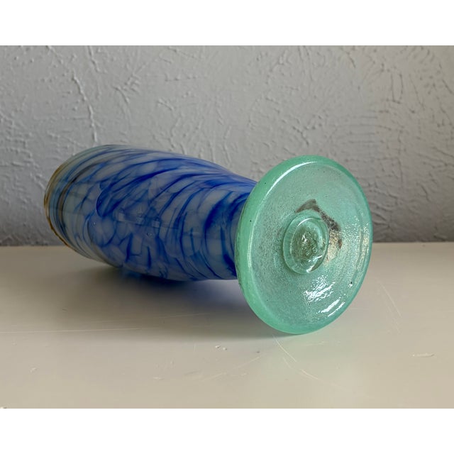 Glass Blue & White Swirl Handmade Art Glass Vase For Sale - Image 7 of 8