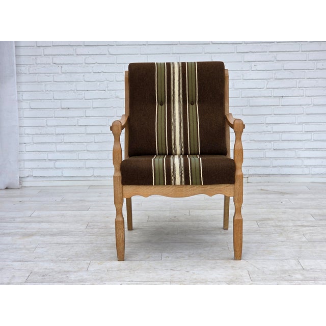 Green Danish Armchair in Striped Furniture Wool and Carved Oak Wood, 1970s For Sale - Image 8 of 17