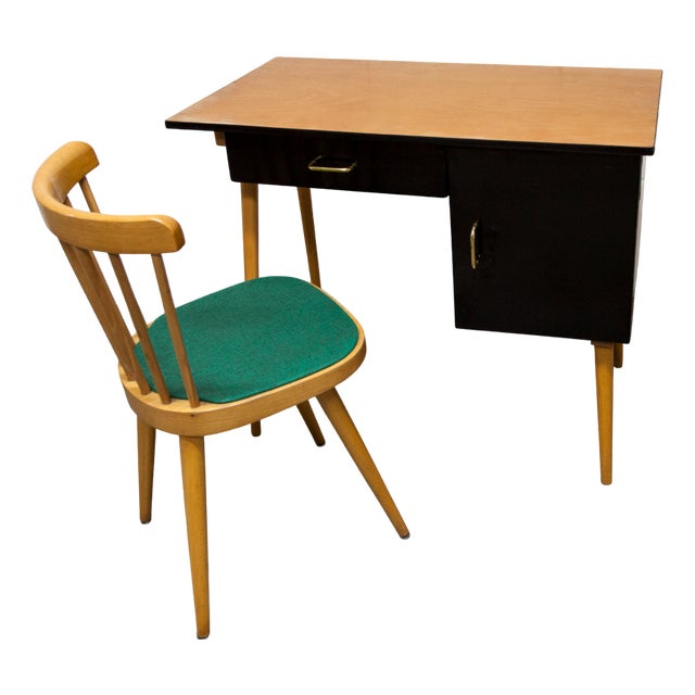 Desk and Chair in Black and Wood Formica with Green Seat from Baumann, 1960s, Set of 2 For Sale