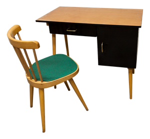 Desk and Chair in Black and Wood Formica with Green Seat from Baumann, 1960s, Set of 2