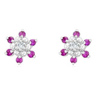 Pink Sapphire Diamond Flower Earrings .61cttw 14k White Gold, 2 Pieces For Sale