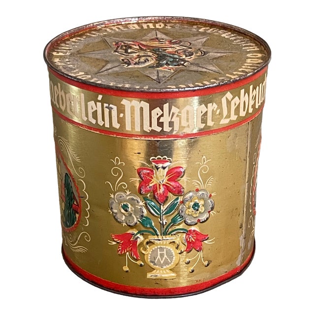 Early 20th Floral Gold Round Tin For Sale