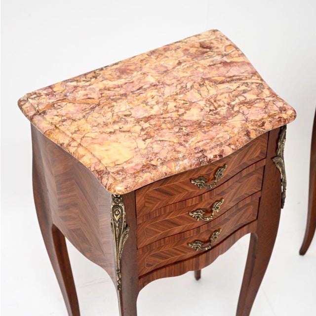Antique French Inlaid Parquetry Marble Top Bedside Chests, 1900, Set of 2 For Sale - Image 6 of 11