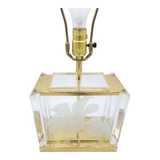 Fredrick Ramond Signed Lucite & Brass Etched Lily Table Lamp Base With Original Finial 1980s For Sale