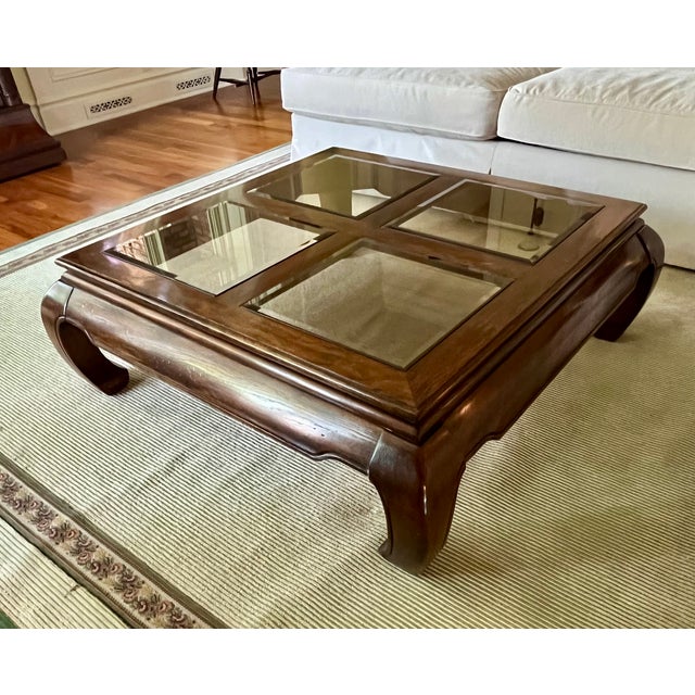 Wood Ming Style Walnut & Glass Square Cocktail Table For Sale - Image 7 of 8