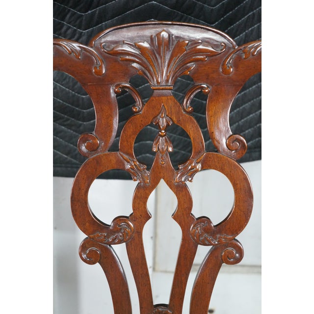 2 Late 20th Century Maitland Smith Chippendale Pierced Mahogany Dining Arm Chairs Silk Seats Pair For Sale - Image 11 of 18