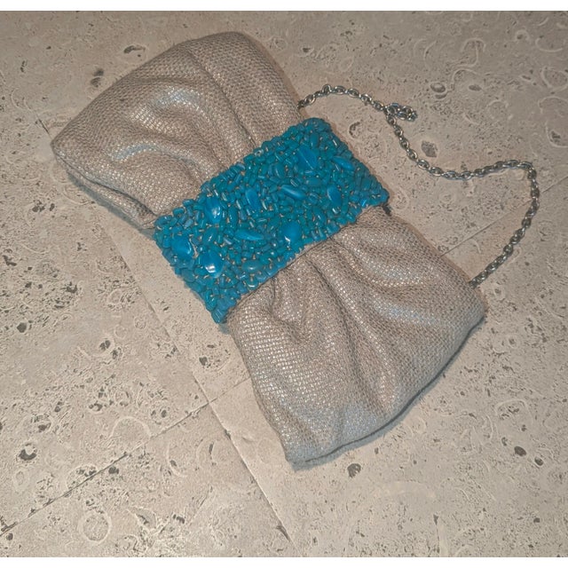 2005 Banana Republic Clutch Shimmery Chunky Linen and Torquoise Beads For Sale - Image 4 of 5