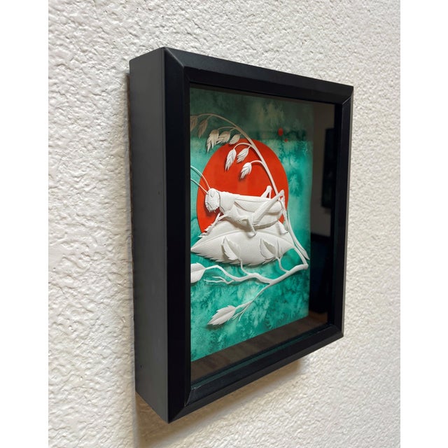 Caelifera by Marisa Aragón Ware | Hand-cut paper sculpture and watercolor of a grasshopper on leaves For Sale - Image 4 of 5