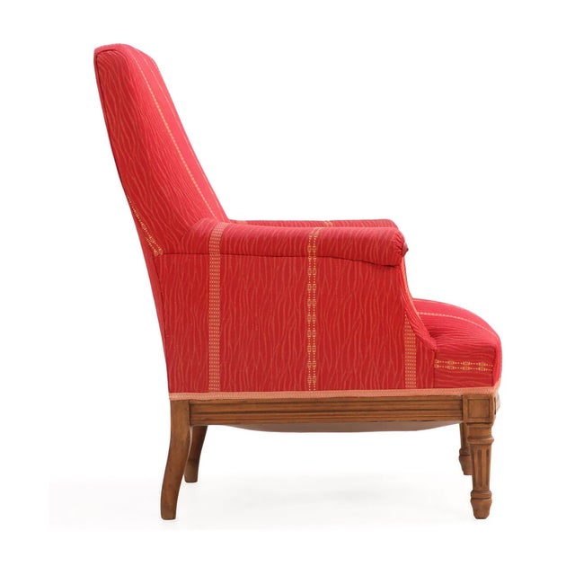 Near Pair of Edwardian Walnut Library Armchairs in Crimson Striped Upholstery, C. 1900 For Sale - Image 4 of 6