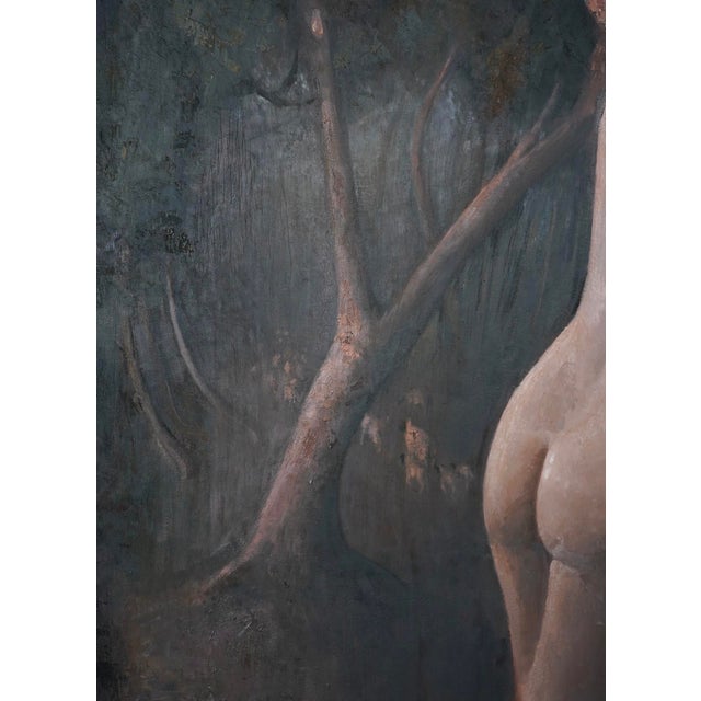 The artwork depicts an intimate moment between two figures, embraced in a lush, shadowy forest setting. The soft, muted...
