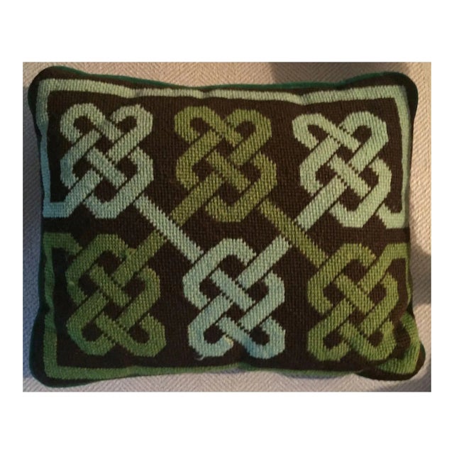 Vintage Needlepoint Wool Pillow With Geometric Knot Design in Shades of Green and Brown For Sale