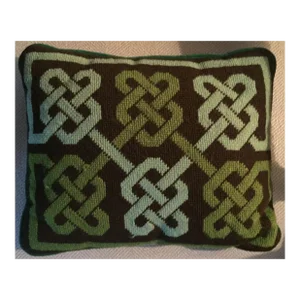 Vintage Needlepoint Wool Pillow With Geometric Knot Design in Shades of Green and Brown