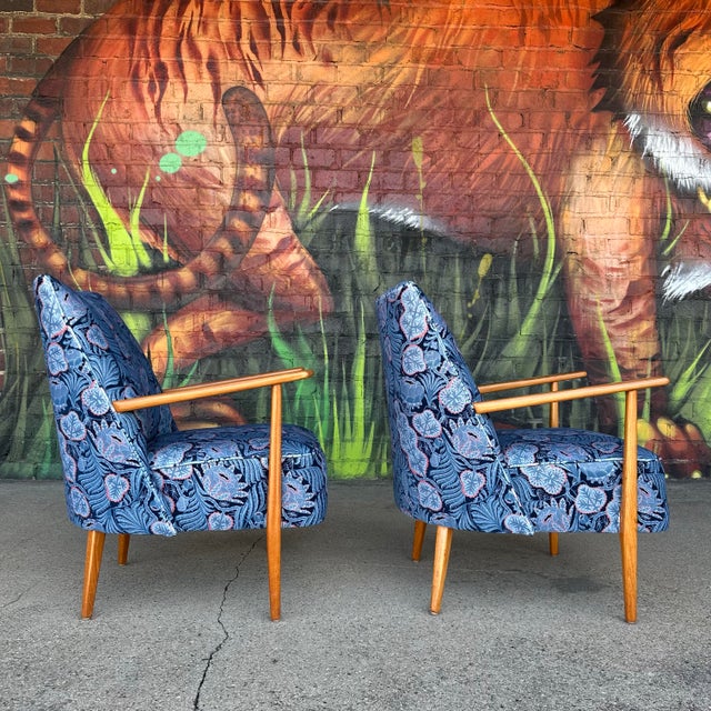 Pair of Mid Century Modern Klaus Haapaniemi & Co. Iceflower Blue Fabric Chairs For Sale In Cleveland - Image 6 of 10