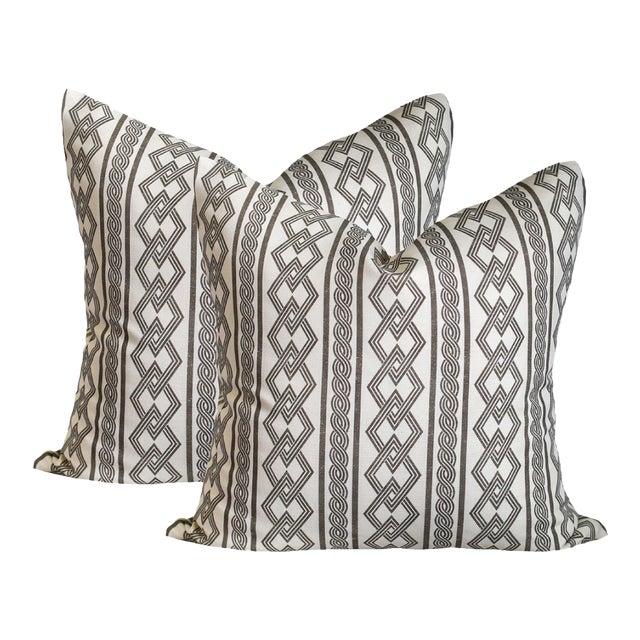 A Pair of Lauren Servati Textiles, Lagoon // Umber Pillows, 22"x22" For Sale