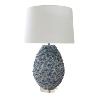 Vintage Hand-Crafted Blue Floral Encrusted Ceramic Table Lamp on Lucite Base For Sale