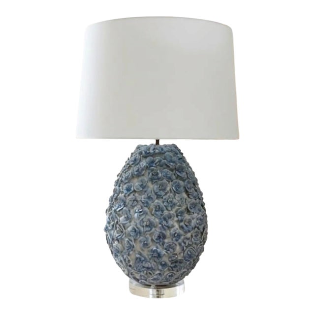 Vintage Hand-Crafted Blue Floral Encrusted Ceramic Table Lamp on Lucite Base For Sale