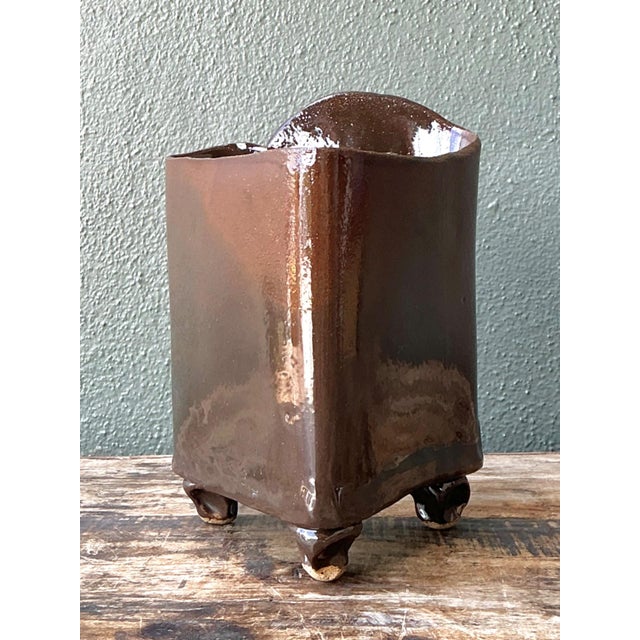 Vintage Handcrafted Brown Pottery Vase For Sale - Image 13 of 14