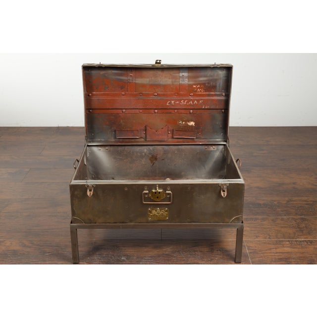 English 1920s Sarah Rackett Metal Trunk with Handles Mounted on New Custom Stand For Sale - Image 11 of 12