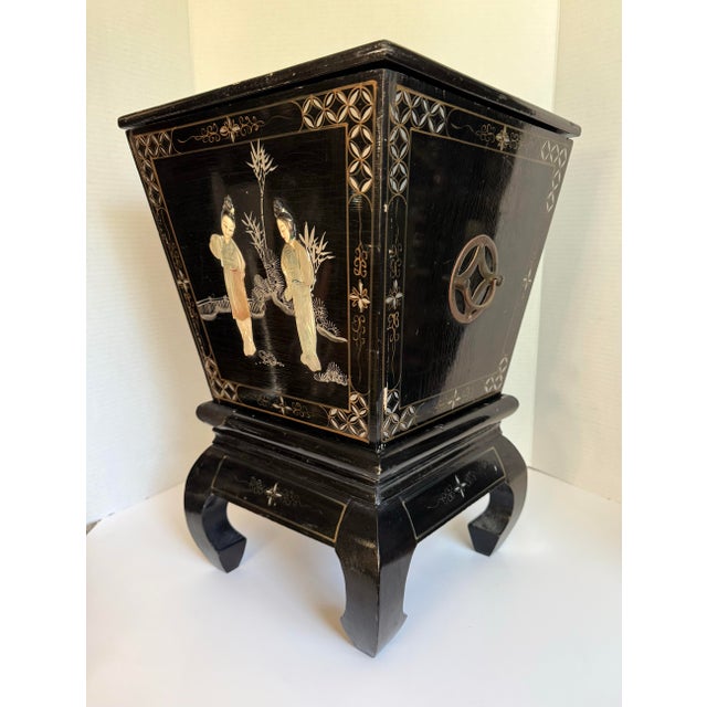 Vintage Asian Black Lacquer Ice Bucket on Stand With Lid & Liner or Planter Stand For Sale - Image 11 of 12