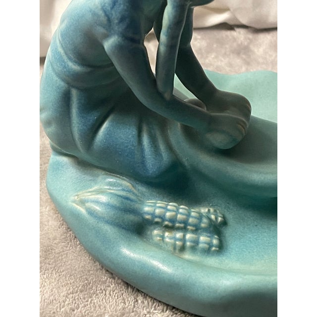 Art Nouveau Van Briggle Pottery Vintage Ming Blue Native American Indian Girl Grinding Corn Maize For Sale - Image 3 of 12