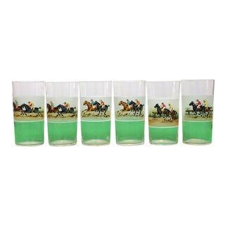 Mid 20th Century Set X 6 Hand Painted Jockey Racehorse Frosted Highball Cocktail Glasses For Sale
