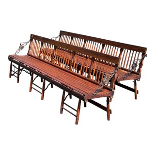 Pair Antique Chestnut Folding Railroad Benches C. Late 19th Century For Sale