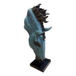 Patinated Bronze Horse Head Sculpture with Flowing Mane For Sale