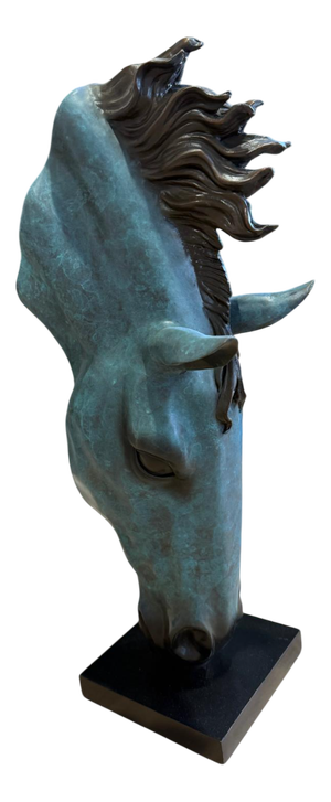 Patinated Bronze Horse Head Sculpture with Flowing Mane